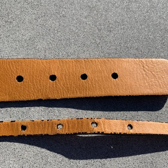 Brave Vintage 90s Y2K Tan Leather Gold Buckle Double Wide Skinny Belt - Picture 14 of 14
